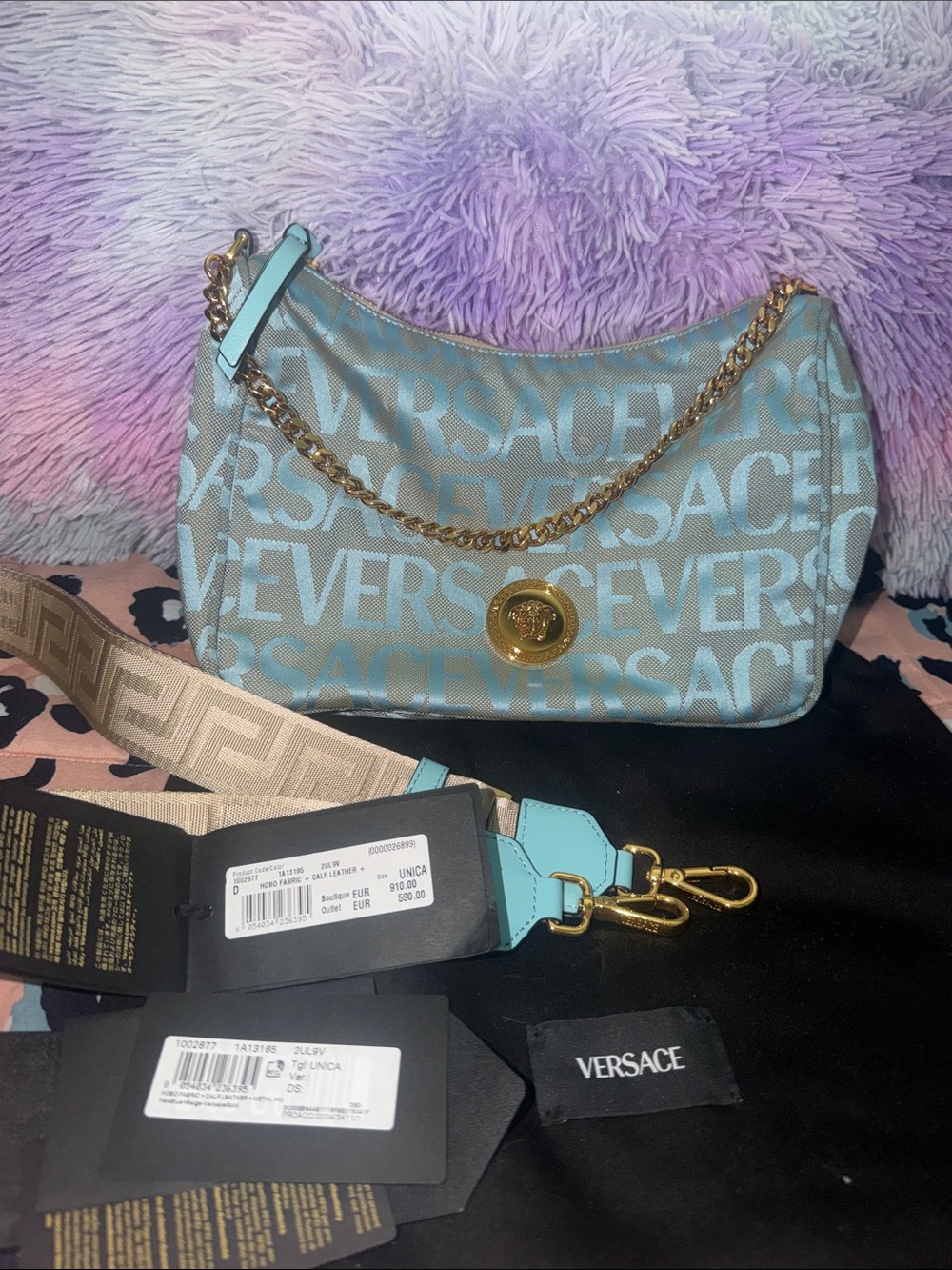Versace Light Blue Jacquard Logo Shoulder Bag with Gold Hardware